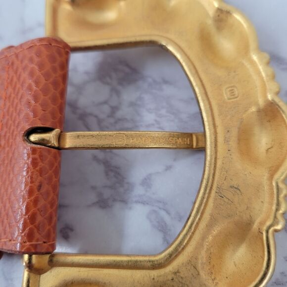 Emmanuel Vintage Oversized Gold Buckle and Deep Coral Lizard Embossed Belt main image 9